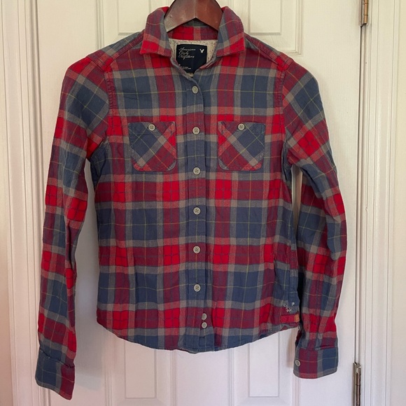 Y2K AEO Bonfire Plaid Flannel Button Down Shirt - Picture 1 of 6